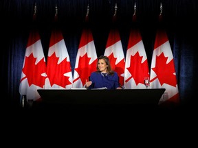 Finance Minister Chrystia Freeland holds a news conference before delivering the 2022-23 budget, in Ottawa, on April 7, 2022.