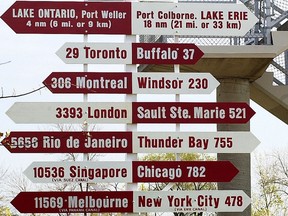A sign post in St. Catharines, Ont,. shows the distances in nautical miles to ports near and far. Many small cities across Ontario are experiencing the worst hit from the housing correction.