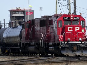 A Canadian Pacific Railway Ltd. locomotive at the main CP Rail train yard in Toronto.