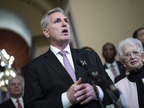 Speaker of the House Kevin McCarthy, R-Calif., joined at right by Rep. Virginia Foxx, R-N.C., chair of the House Education Committee, talks to reporters after the House narrowly passed the "Parents' Bill of Rights Act," at the Capitol in Washington, Friday, March 24, 2023.