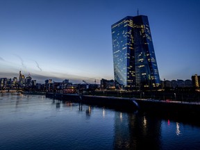 FILE - The European Central Bank is pictured in Frankfurt, Germany, Wednesday, March 15, 2023. Inflation in the 20 countries that use the euro slowed to 6.9 percent in March, the lowest level in a year, as food costs continued to rise while energy prices fell, making a sharp turnaround after months of punishing increases.