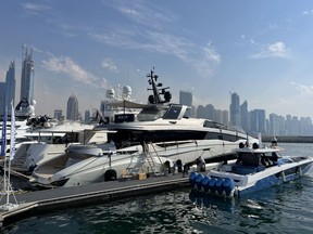 The Viktoriia, an Evo 120 from Tecnomar, was on display at the Dubai Boat Show in March 2023. Photographer: Lisa Fleisher/Bloomberg