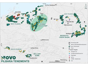 Novo's Pilbara tenure, showing location of > 80 km strike extent Egina Gold Camp.