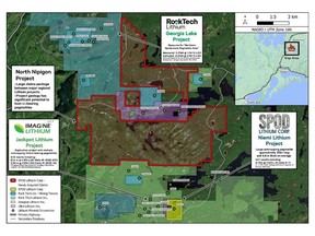 shows the North Nipigon – Niemi Project with Rock Tech and Imagine Lithium's developing deposits.