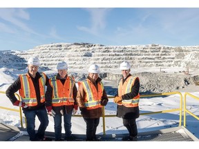 Left to right: Sylvain Collard (Sayona's Chief Operating Officer), Brett Lynch (Sayona's Managing Director), Stan Bharti (Jourdan's Director) and Rene Bharti (Jourdan's CEO) at the NAL open pit mine.