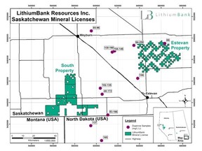 Map of LithiumBank's South and Estevan Projects showing recent lithium brine sample results.