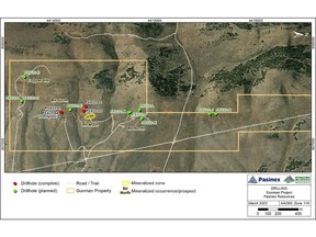 2022-2023 planned drilling at the Gunman property. Completed drill holes are indicated with red collars and numbered suffixes. Pending drill holes are indicated with green collars and letter suffixes. RH Main zinc mineralized zone and other mineralized prospects are shown along a two-kilometre trend.