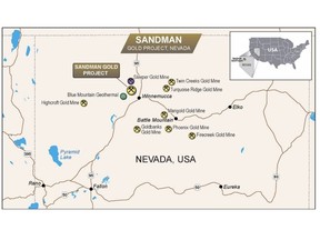 Regional location map of the Sandman Property, Nevada, USA relative to nearby town Winnemucca and other surrounding significant gold projects, active and historical.