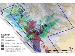 Image taken from the 3D Belltopper Geological Model showing integration of IP (geophysics), surface LIDAR, faults and basic geology.