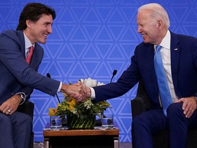 U.S. President Joe Biden, right, shakes hands with Canadian Prime Minister Justin Trudeau during a bilateral meeting at the North American Leaders' Summit in Mexico City in January.