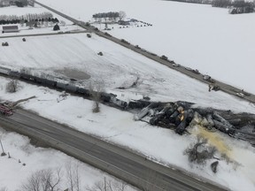 A BNSF train carrying ethanol and corn syrup derailed and caught fire in Raymond, Minn., Thursday, March 30, 2023. BNSF officials said 22 cars derailed, including about 10 carrying ethanol, and the track remains blocked, but that no injuries were reported due to the accident. The cause of the derailment hasn't been determined.