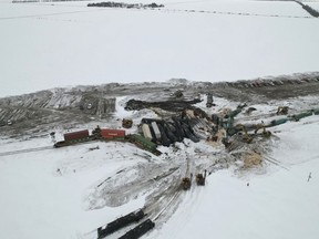 This photo provided by Joshua Henderson shows a Canadian Pacific train derailed in rural North Dakota on Sunday, March 26, 2023, which spilled hazardous materials, but local authorities and the railroad said there is no threat to public safety. There were no injuries and no fire associated with the derailment, which occurred in a rural area outside Wyndmere, N.D., a town of several hundred people about 60 miles (97 kilometers) southwest of Fargo.