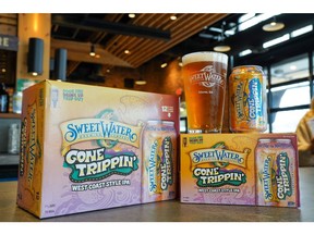 Pictured on the left, the new 12-pack of 12oz cans, and to the right, the new 6-pack of 12oz cans featuring the new SweetWater Gone Trippin' branding.