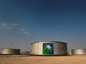 Oil tanks at Saudi Aramco's oil facility in Abqaiq, Saudi Arabia.