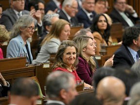 Finance Minister Chrystia Freeland awaiting an address from U.S. President Joe Biden at the Canadian Parliament in Ottawa.