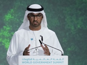 FILE - Sultan al-Jaber, the CEO of Abu Dhabi National Oil Co., talks during the World Government Summit in Dubai, United Arab Emirates, Feb 14, 2023. Sultan al-Jaber, who also serves as the chairman of Masdar, a renewable energy company focused on a variety of energy sources including solar, wind, and hydrogen, will deliver a speech to kick off the CERAWeek energy conference being hosted by S&P Global in Houston, Texas.