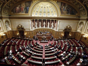FILE - This Thursday, Dec. 11, 2014 file photo shows a general view of France's Senate prior to a vote on the recognition of a Palestinian state, Paris. French senators start debating President Emmanuel Macron's contested pension plan on Thursday March 2, 2023, as the centrist government hopes to find a compromise with the conservatives at the upper house of parliament to be able to push the bill through. Macron has vowed to go ahead with the bill aimed at raising the country's minimum retirement age from 62 to 64, despite nationwide demonstrations and strikes and opinion polls consistently showing a majority of French people oppose the change.