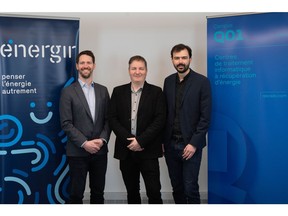 From left to right: Jean-François Jaimes, Executive Director, development, renewable energy & LNG, Énergir,  Martin Bouchard, President and Co-founder, QScale, Vincent Thibault, Vice president of executive strategy and ESG & Co-founder, QScale