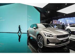 The Polestar 2 electric vehicle, manufactured by Polestar AB, jointly owned by Geely Automobile Holdings Ltd. and Volco Car AB, at the Auto Shanghai 2021 show in Shanghai, China, on Tuesday, April 20, 2021. The Shanghai International Automobile Industry Exhibition kicked off on Monday in Chinas financial hub, a multiday event aimed at showcasing the best and brightest car innovations in the worlds biggest vehicle market. Photographer: Qilai Shen/Bloomberg