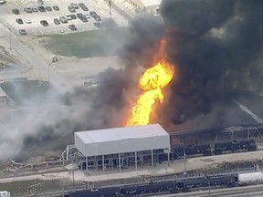 Smoke fills the air from a plant fire in Pasadena, Texas on Wednesday, March 22. 2023. Officials are investigating an explosion and fire at the chemical plant in suburban Houston that injured at least one person. It is not immediately known what caused the blast. (KTRK via AP)