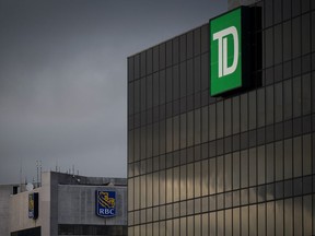 TD Bank signage is shown on the outside of an office tower in downtown Vancouver, on Thursday, January 19, 2023.