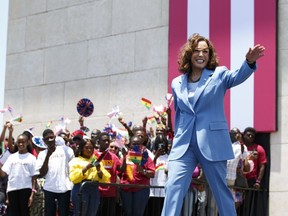 U.S. Vice President Kamala Harris waves as she arrives at Black Star square to address youths in Accra, Ghana, Tuesday March 28, 2023. Harris is on a seven-day African visit that will also take her to Tanzania and Zambia.