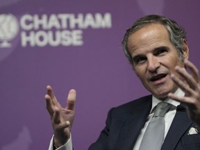 The Director General of the Atomic Energy Agency, Rafael Marino Grossi speaking at an event entitled ' A New Nuclear Order' at Chatham House in London, Tuesday, Feb. 7, 2023.