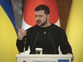 Ukrainian President Volodymyr Zelenskyy talks during a joint press conference with Japanese Prime Minister Fumio Kishida in Kyiv, Ukraine, Tuesday, March 21, 2023.
