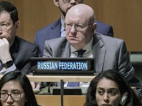 Russia United Nations Ambassador Vassily Nebenzia, center right, listens before the U.N. General Assembly vote in favor of a U.N. resolution upholding Ukraine's territorial integrity and calling for a cessation of hostilities after Russia's invasion, Thursday Feb. 23, 2023 at U.N. headquarters.