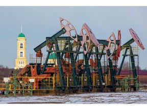 Oil pumping jacks in an oilfield near Neftekamsk, in the Republic of Bashkortostan, Russia.