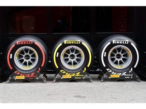 Pirelli tires on display at the Autodromo Nazionale circuit in Monza, Italy. Photographer: Miguel Medina/AFP/Getty Images