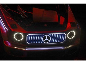 The front grille of a Mercedes EQG luxury electric sports utility vehicle.