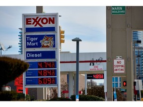 Fuel prices at an Exxon gas station in Jersey City, New Jersey, U.S., on Sunday, March 13, 2022. The cost for a gallon of gas in the U.S. continues to reach all-time highs, as the national average jumped nearly 7 cents last week. Photographer: Gabby Jones/Bloomberg