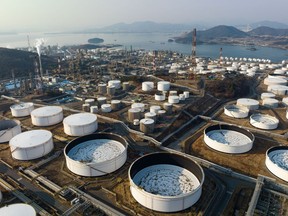Oil tanks at the GS Caltex Corp. oil refinery facility in the Yeosu Industrial Complex in Yeosu, South Korea, on Tuesday, Feb. 7, 2023. South Korea is schedule to release its trade figures on Feb. 15. Photographer: SeongJoon Cho/Bloomberg