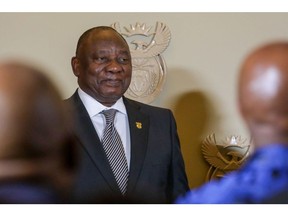 Cyril Ramaphosa, South Africa's president, during a swearing-in ceremony in Cape Town, South Africa, on Tuesday, March 7, 2023. Ramaphosa's cabinet reshuffle failed to inspire investors, with the rand declining for a second day against the dollar and government bond yields rising on Tuesday.