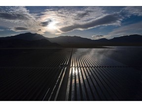First Solar photovoltaic panels at the Desert Stateline Solar Facility, a 300 MW utility-scale photovoltaic power station, in the Mojave Desert in San Bernardino County, California, US, on Sunday, March 12, 2023. California aims to end greenhouse gas emissions from its electricity grid by 2045.