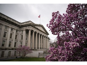 The US Treasury building in Washington, DC, US, on Monday, March 13, 2023. US authorities took extraordinary measures to shore up confidence in the financial system after the collapse of Silicon Valley Bank, introducing a new backstop for banks that Federal Reserve officials said was big enough to protect the entire nation's deposits.