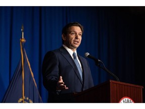 DeSantis speaks at the New Hampshire GOP's Amos Tuck Dinner in Manchester, on April 14.