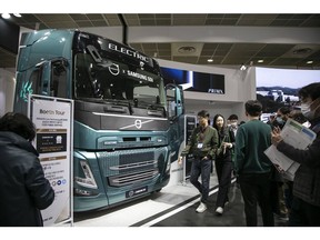 A Volvo electric truck at the InterBattery exhibition in Seoul on March 16.