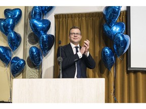 Petteri Orpo speaks during an election night event at the National Coalition headquarters in Helsinki, on April 2.