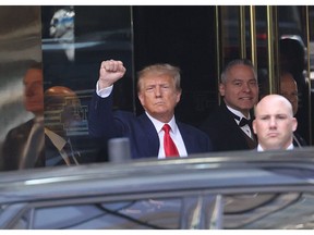 Former US President Donald Trump exits from Trump Tower in New York, US, on Tuesday, April 4, 2023. Trump, the first former US president to be indicted, will plead not guilty when he appears in a Manhattan state court Tuesday to face criminal charges, his defense lawyer said. Photographer: Victor J. Blue/Bloomberg
