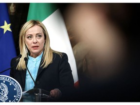 Giorgia Meloni, Italy's prime minister, speaks during a news conference following her meeting with Pedro Sanchez, Spain's prime minister, at the Chigi Palace in Rome, Italy, on Wednesday, April 5, 2023. Italy's government is planning to revise up its outlook for 2023 economic growth, envisaging a range of 0.8% to 1% in its latest budget plans, according to people familiar with the matter.