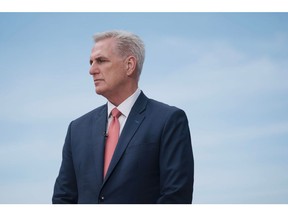 US House Speaker Kevin McCarthy, a Republican from California, speaks during a Bloomberg Television interview following a meeting with Tsai Ing-wen, Taiwan's president, at the Ronald Reagan Presidential Library in Simi Valley, California, US, on Wednesday, April 5, 2023. Taiwan hailed President Tsai Ing-wen's unprecedented meeting with House Speaker McCarthy on US soil as a "rare opportunity," even as the move risks provoking renewed military tension around the island. Photographer: Eric Thayer/Bloomberg