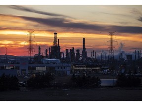 The Suncor Energy oil refinery in Edmonton, Alberta, Canada, on Wednesday, April 5, 2023. Canadian oil producers beset by years of constrained pipeline capacity expect to garner better prices for their crude when the expanded Trans Mountain conduit starts up next year, opening them to new markets in Asia.