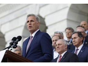WASHINGTON, DC - APRIL 17: U.S. House Speaker Kevin McCarthy (D-CA) speaks at an event celebrating 100 days of House Republican rule at the Capitol Building April 17, 2023 in Washington, DC. Republican leadership spoke on legislative items accomplished, including requirements for in-person work for Congressional staff following the end of Covid-19 restrictions.