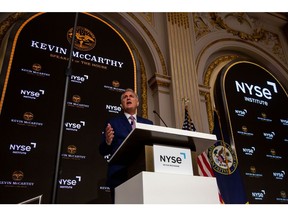 US House Speaker Kevin McCarthy, a Republican from California, at the New York Stock Exchange (NYSE) in New York, US, on Monday, April 17, 2023. McCarthy told a Wall Street audience on Monday that the US House will vote in coming weeks on a plan to lift the nation's borrowing limit, but not without new curbs on spending. Photographer: Michael Nagle/Bloomberg