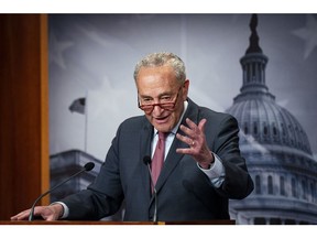 Senate Majority Leader Chuck Schumer, a Democrat from New York, speaks during a news conference in Washington, DC, US, on Monday, April 17, 2023. House Speaker Kevin McCarthy told a Wall Street audience on Monday that the US House will vote in coming weeks on a plan to lift the nation's borrowing limit, but not without new curbs on spending. Photographer: Al Drago/Bloomberg