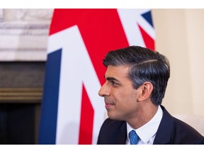 Rishi Sunak, UK prime minister, during his bilateral meeting with Giorgia Meloni, Italy's prime minister, at 10 Downing Street in London, UK, on Thursday, April 27, 2023. Sunak pushed through his legislation to stop migrants from crossing the English Channel in small boats, despite objections from some of his senior MPs including two former Conservative Party leaders.