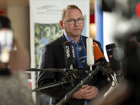 Frank Werneke, chairman of the trade union ver.di, speaks at a press conference prior to the start of negotiations for the federal and municipal public sector, in Potsdam, Germany, Saturday, April 22, 2023. German government officials and labor unions have reached a pay deal for more than 2.5 million public-sector workers, heading off the possibility of disruptive all-out strikes. The ver.di union had pressed for hefty raises as Germany, like many other countries, grapples with high inflation.