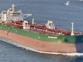 In this photo provided by Cavit Ege Tulca, the oil tanker Advantage Sweet passes through the Bosphorus Strait in Istanbul, Turkey, Dec. 23, 2022. Iran's navy seized a Marshall Islands-flagged oil tanker in the Gulf of Oman on Thursday, April 27, 2023, heading to the U.S. amid wider tensions over Tehran's nuclear program, the latest-such capture in a waterway crucial for global energy supplies.